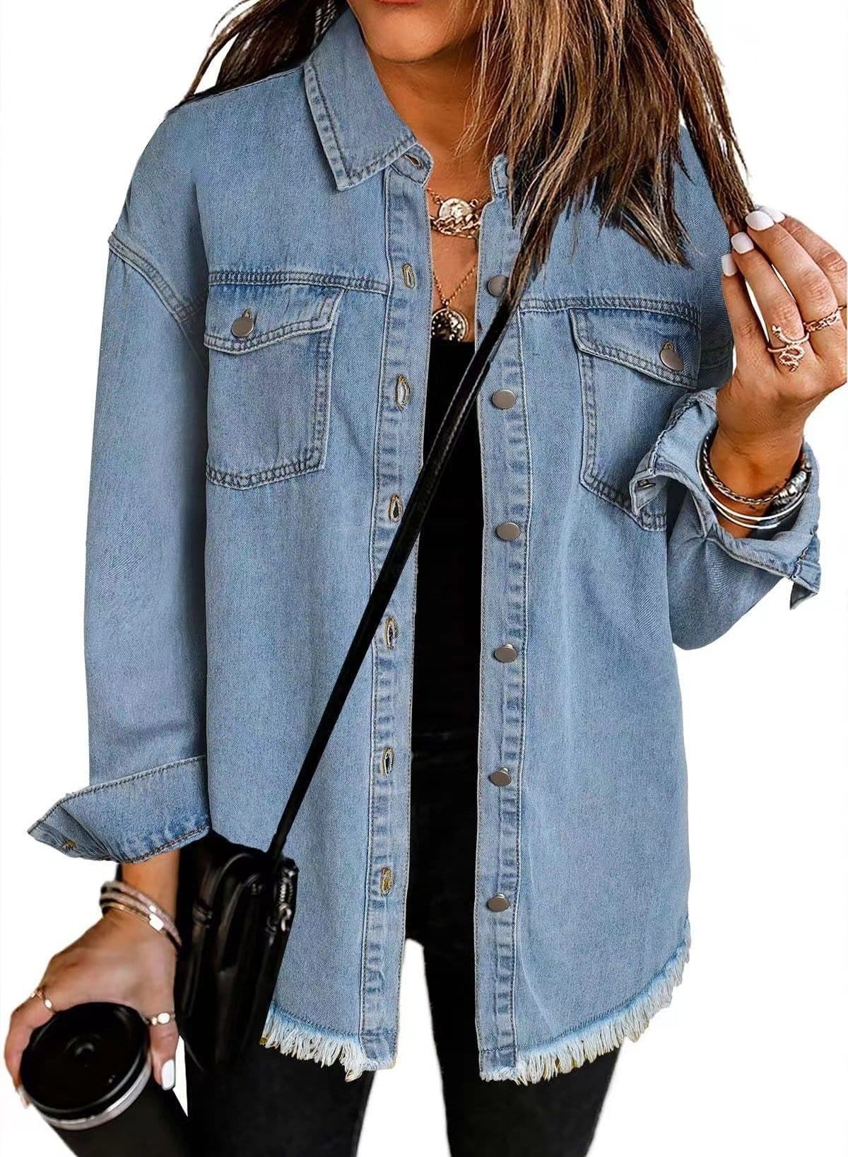 CZTICLE®Jean Jackets for Women Ripped Fringe Denim Jean Jacket