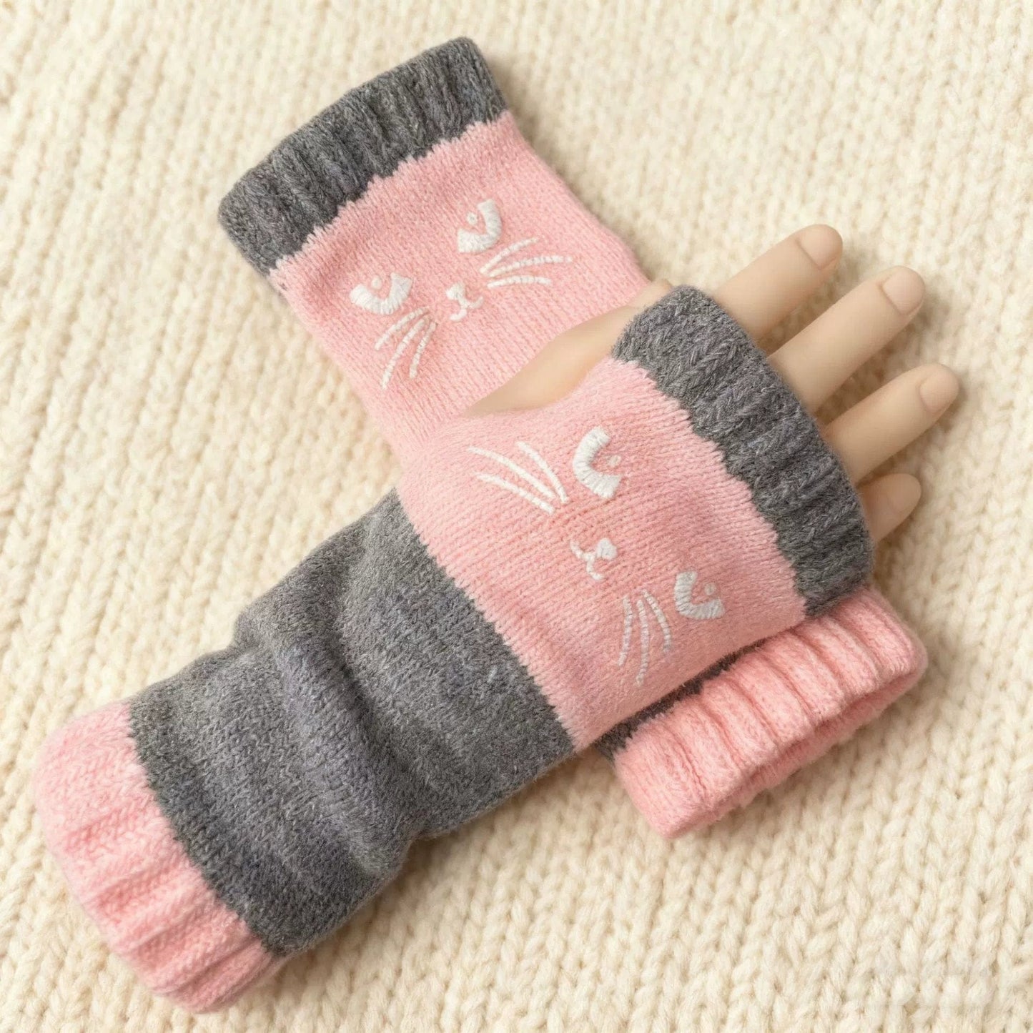 Cilifer®Women's Knitted Fingerless Gloves with Cute Cat Pattern