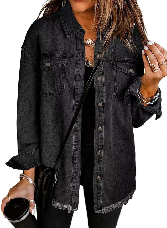 CZTICLE®Jean Jackets for Women Ripped Fringe Denim Jean Jacket