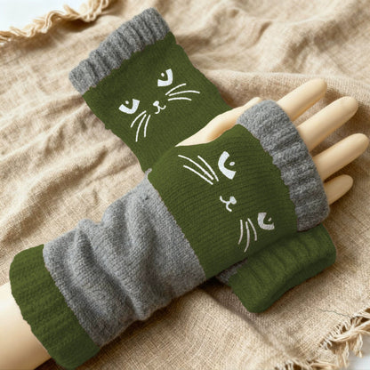 Cilifer®Women's Knitted Fingerless Gloves with Cute Cat Pattern