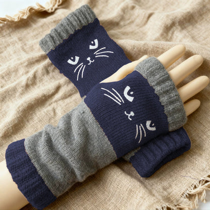 Cilifer®Women's Knitted Fingerless Gloves with Cute Cat Pattern