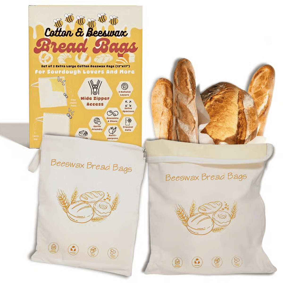 Cilifer®Wide Zipper Access Cotton & Beeswax Bread Bags for Sourdough