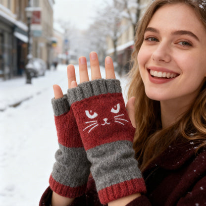 Cilifer®Women's Knitted Fingerless Gloves with Cute Cat Pattern