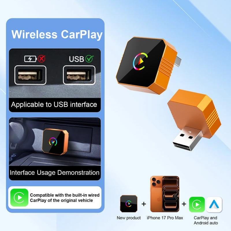 Cilifer®New CarPlay 2026 Wireless Adapter for iPhone/Android Apple 17 Orange Fast Connect No Delay Hands-Free Calling Electronic Charger CarPlay Adapter